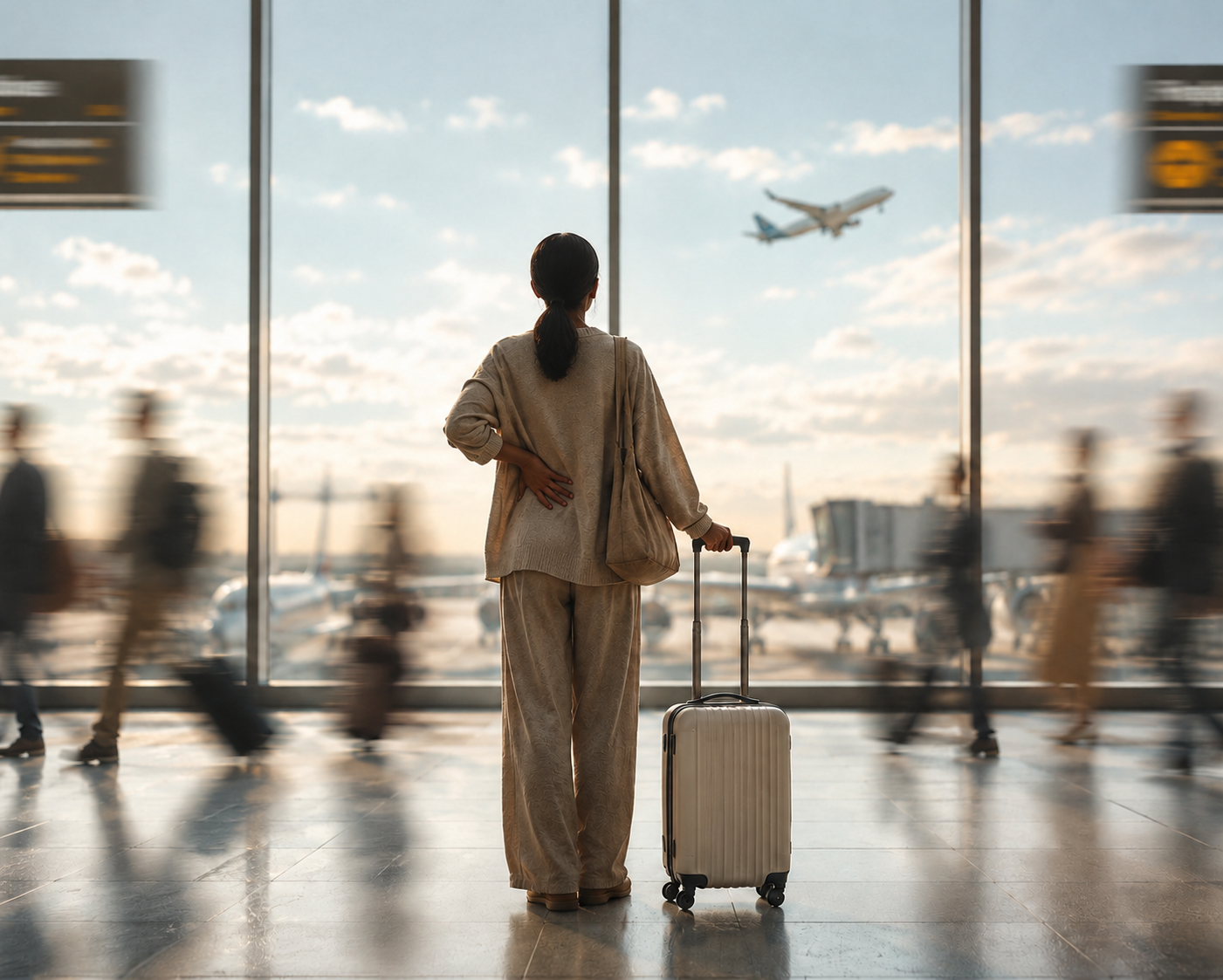 Woman at an airport window with her hand resting gently on her lower back, looking toward an airplane before travelling with chronic pain.